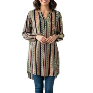 Umgee Boho Geometric Cotton Blend Lightweight Tunic Top Dress Small Multicolour